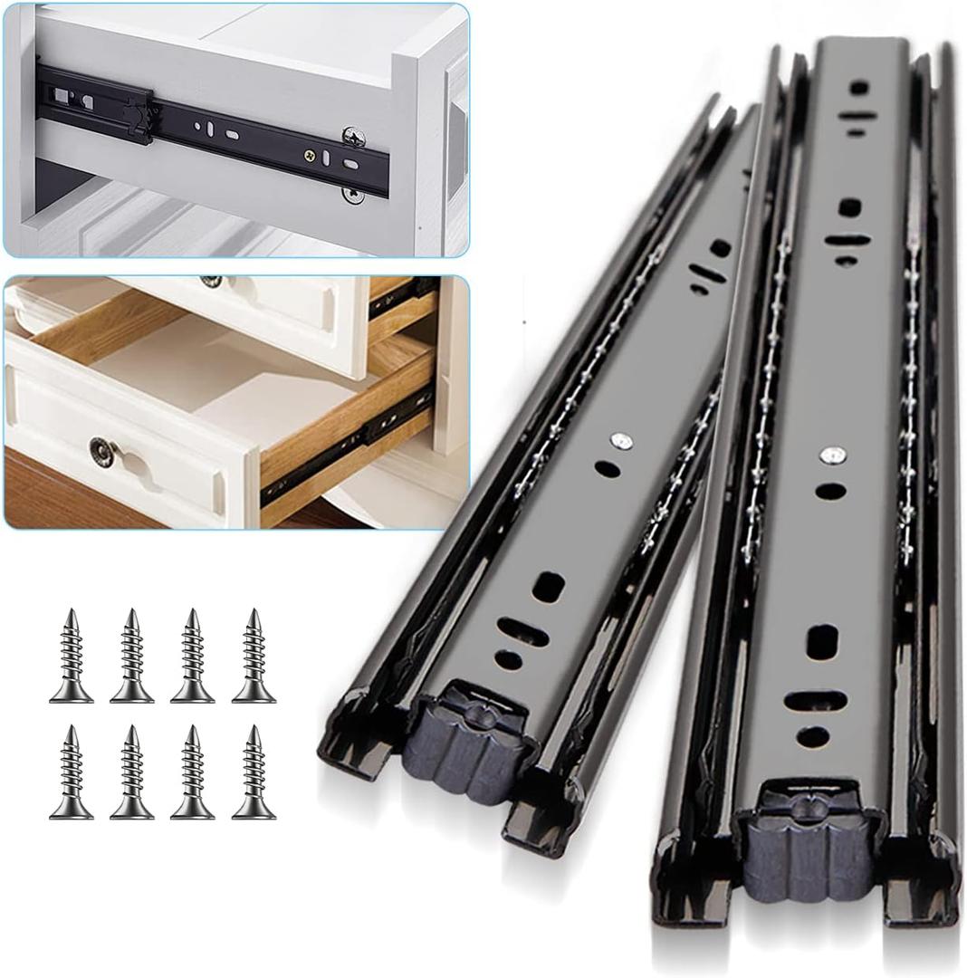 YENUO 10 Pairs Full Extension Drawer Slides Side Mount 10 12 14 16 18 20 22 24 Inch Ball Bearing Dresser Cabinet Kitchen Rails Track Guide Glides Runners Heavy Duty 100 Lb (Black- 10 PRS,12 Inch)