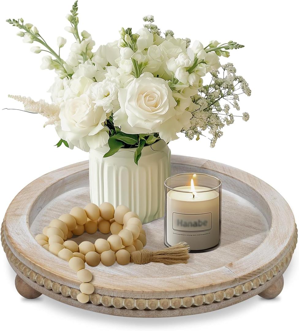 Round Candle Tray Holder Plates, Wooden Decorative Trays for Coffee Table Decor, Farmhouse Wood Riser Beaded Round Tray, Centerpiece Decor, Kitchen Table, Home Decor, Wash White