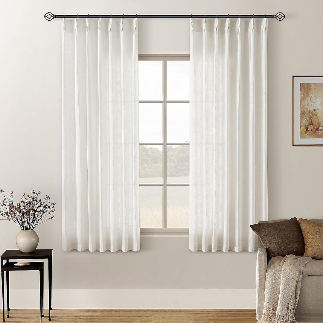 Natural Pinch Pleated Linen Curtains 2 Panels 63 Inch Length for Dining Living Room Memory Training Shaped Cream Birch Semi Sheer Short Pleat Drapes with Hooks Rings Bedroom Window Curtain 40x63