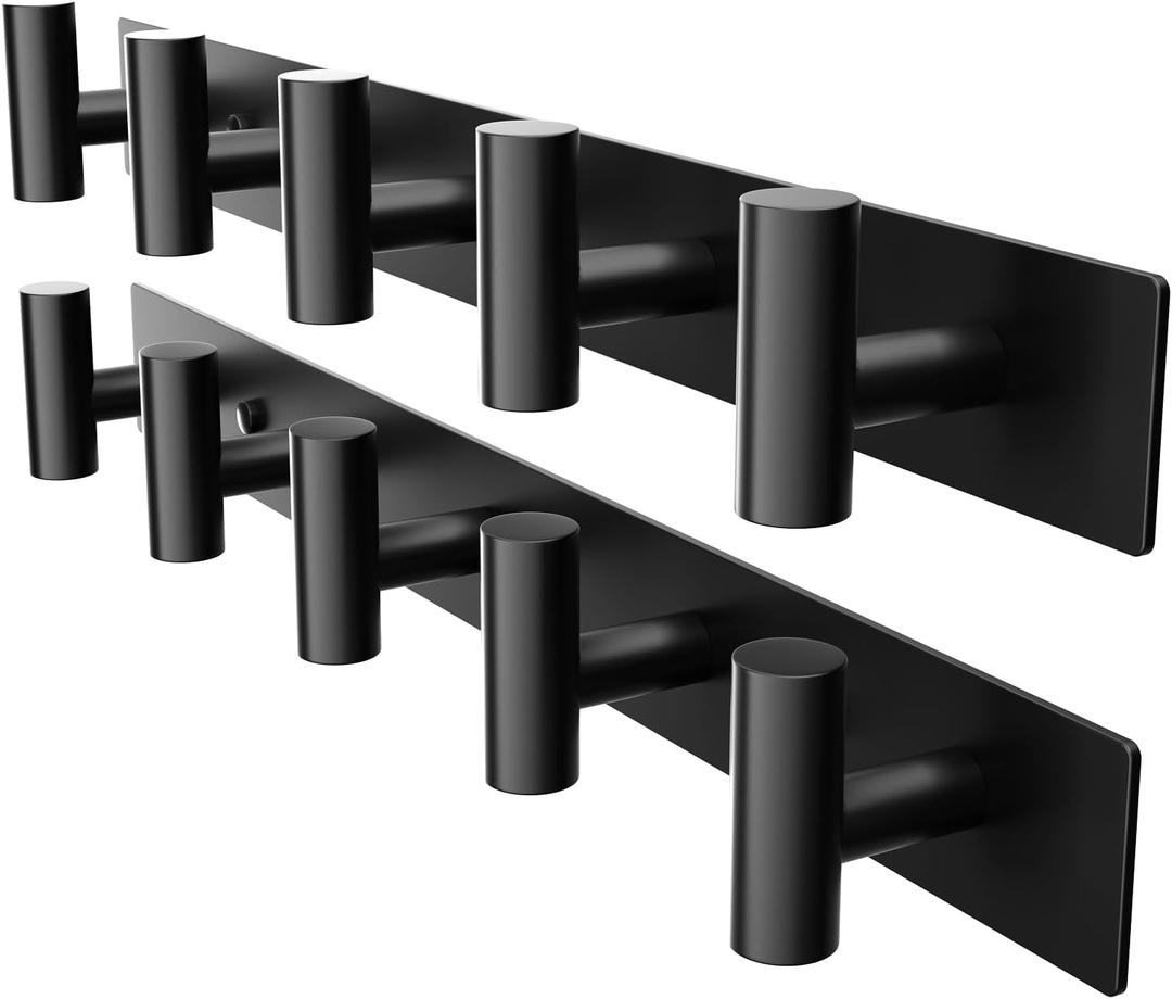 Black Wall Mounted Coat Rack  5 T-Shaped Pegs for Hats, Bags & Towels, Heavy-Duty Metal Rail for Entryway, Bathroom, Closet, Bedroom (2 Pack)