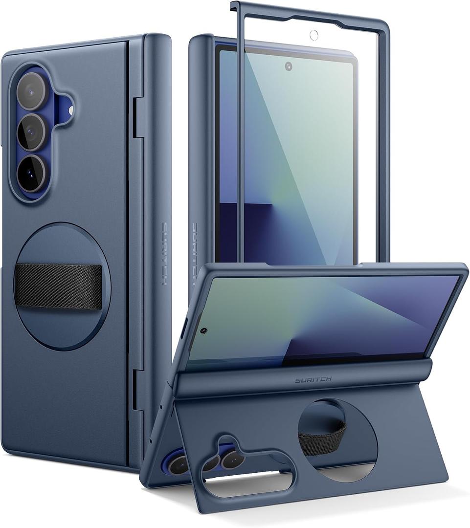 SURITCH for Samsung Galaxy Z Fold7 Case with 360 Rotatable Hand Strap Phone Grip Holder & Invisible Kickstand & Screen Protector, Protective Cover for Fold 7 -Dark Blue