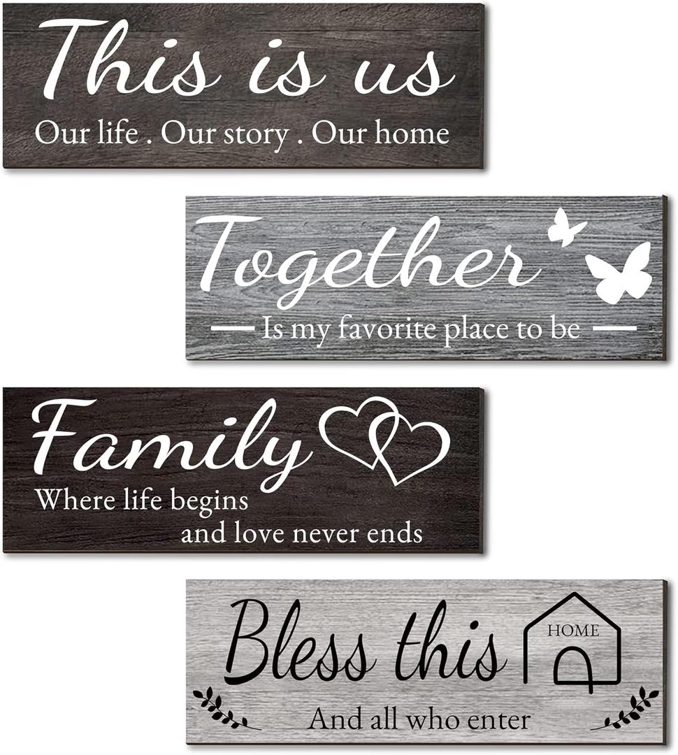Joyhawk 4 Pieces Home Wall Decor Signs, THIS IS US/TOGETHER/BLESS THIS HOME/FAMILY Wall Decor For Living Room Bedroom, Rustic Wooden Farmhouse Wall Art Decor, 4.7 x 13.8 Inch(Mixed Color) (black white grey)