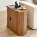 Small End Table, Narrow Side Table, Skinny Nightstand with Charging Station, Mid-Century Modern Curved Fluted Bedside Table with Door and Shelf for Small Spaces,Living Room,Bedroom,Walnut
