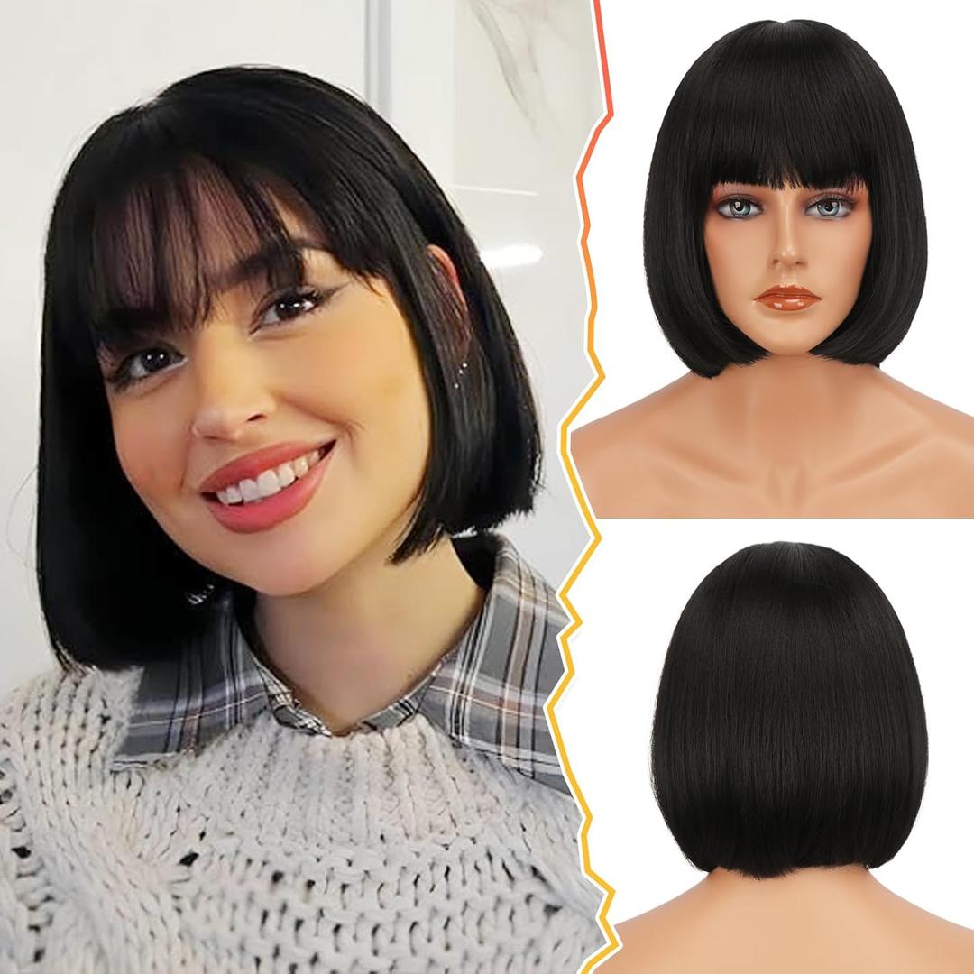 BARSDAR Short Black Bob Wig With Bangs - Short Black Bob Wig With Bangs for Women - 12 Inch Chin-Length Natural Looking Soft Synthetic Hair Replacement Daily Halloween Velma Kelly Mia Wallace Wigs, Natural Black  BARSDAR Short Black Bob Wig With Bangs - Short Black Bob Wig With Bangs for Women - 12 Inch Chin-Length Natural Looking Soft Synthetic Hair Replacement Daily Halloween Velma Kelly Mia Wallace Wigs, Natural Black