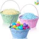 JOYIN 3 Pcs Easter Bamboo Baskets, Blue, Pink, Green Round Woven Goodie Basket with Folding Handle, Empty Gift Basket for Easter Egg Hunt, Kids Party Treats Picnic Favors
