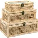 Boho Rattan Display Boxes with Glass Lids, 3 Pcs Large Natural Handwoven Cane Basket, Home Decor Organizers Storage Bins, Natural Finish Display Boxes