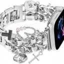 Stylish Wristband Compatible with Apple Watch Bands 38mm 40mm 41mm 42mm 44mm 45mm 49mm 46mm,Replacement Strap with Unique Pendants for iWatch Series 11 10 9 8 7 6 5 4 3 2 SE Ultra Metal Chain Charms Women (Silver+Silver Leather)