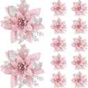 12 Pieces 5.7 Inch Christmas Poinsettia Flower Christmas Glitter Artificial Flower with Clips Xmas Tree Ornament for Wreath Garland Party Decor (Rose Gold)