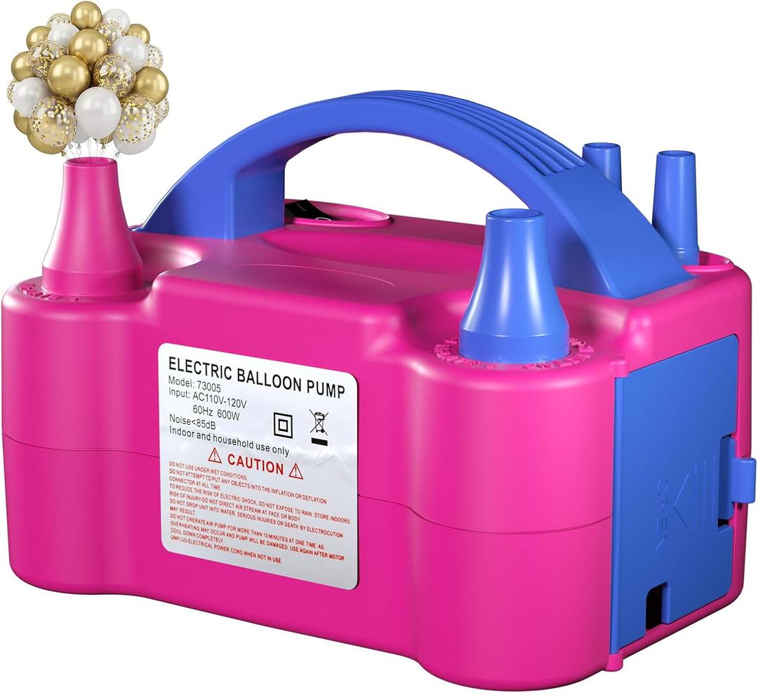 Electric Balloon Pump for Party Decorations  Portable Inflator, Auto Shutoff, Balloon Air Pump Dual Nozzle Rose Red 110V 600W