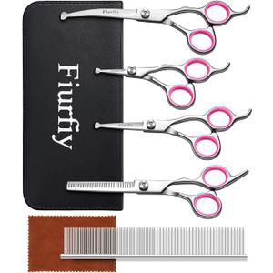 Furry Professional Pet Grooming Scissors with Safety Round Heads - 6 in 1 Curved Scissors for Dogs and Cats (Pink)