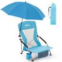 Homcosan Portable Low Folding Beach Chair with Detachable Umbrella - Lightweight Camping Chair for Adults with Cup Holder & Storage Pocket, Carry Bag Included (Blue)