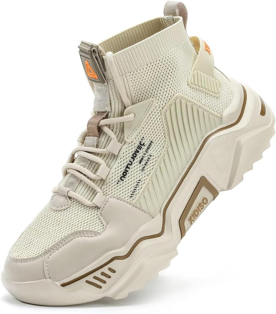 SANNAX Fashion Shoes for Mens High Top Casual Walking Shoes Non Slip Breathable Mesh Lightweight Sneakers (11, Beige)
