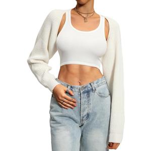 Navneet Women Knit Bolero Shoulder Shrug Sweater Long Sleeve Open Cropped Cardigan (Small, #1 Cream White)