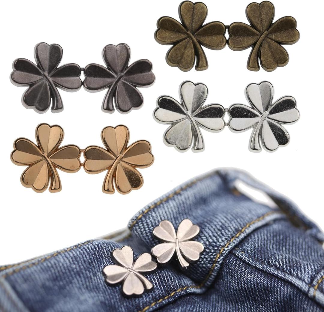 Pant Waist Tightener Adjustable Button Pin for Pants - No Sew Detachable Clips to Make Jeans Smaller - 4 Sets Instant Tightener for Loose Pants (Flower)