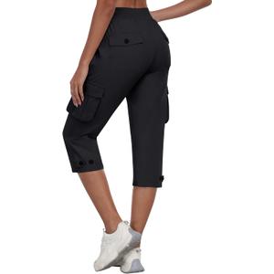 MoFiz Women's Cargo Capris Pants with Pockets Lightweight Quick Dry Travel Hiking Summer Pants for Women (Medium, Black)