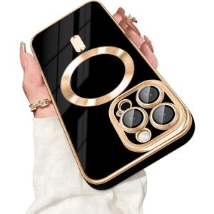 Dinick Designed for iPhone 14 Pro Case with Magnetic [Built-in Camera Cover] Compatible with MagSafe Soft TPU Glitter Cover Anti-Scratch Protective Slim for iPhone 14 Pro Case Black and Gold