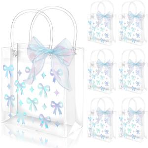 FYSUIMU 24 Pcs Bow Coquette Clear PVC Gift Bags with Handle Ribbon Holographic Bowknot Party Favor Bags Treat Tote Bag for Wedding Birthday Baby Shower Mother's Day Bachelorette Party