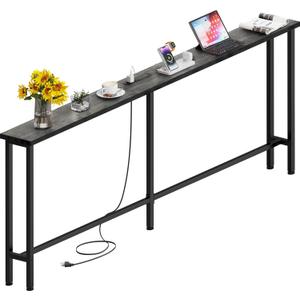 GRLEAF 70" Sofa Table with Built-in Power Strip (2 AC Outlets & 2 USB Ports) 4.9ft Power Cord, Metal Frame, Easy Assembly, Long Couch Table Behind Sofa, Living Room and Home Office | Charcoal Gray