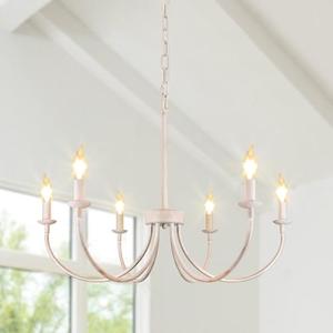 Rviezza French Country Chandelier, 6-Light Antique White Farmhouse Chandelier for Dining Room Lighting Fixtures Hanging, Candle Hanging Pendant Lights for Kitchen Living Room Bedroom Foyer