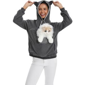 Cat Dog Pouch Hoodie Pet Carrier Sweatshirt Large Pocket Pullover Shirt for Women (Medium, Dark Grey)