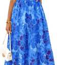 MEROKEETY Women's Spring Summer Floral Maxi Dresses 2026 Casual Beach Vacation Boho V Neck Short Sleeve Midi Dress Pockets, Blue, Large