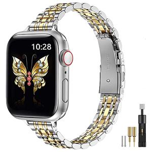 MioHHR Metal Band Compatible with Apple Watch Bands 49mm 46mm 45mm 44mm 42mm Stainless Steel iWatch Bands for Women, Silver/Gold