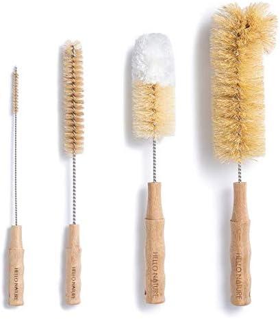 4Pcs Long Handle Bottle Cleaning Brush Set by HELLO NATURE, Sustainable & Biodegradable Natural Fibre Bamboo Handle Brushes Zero-Waste & Plastic Free