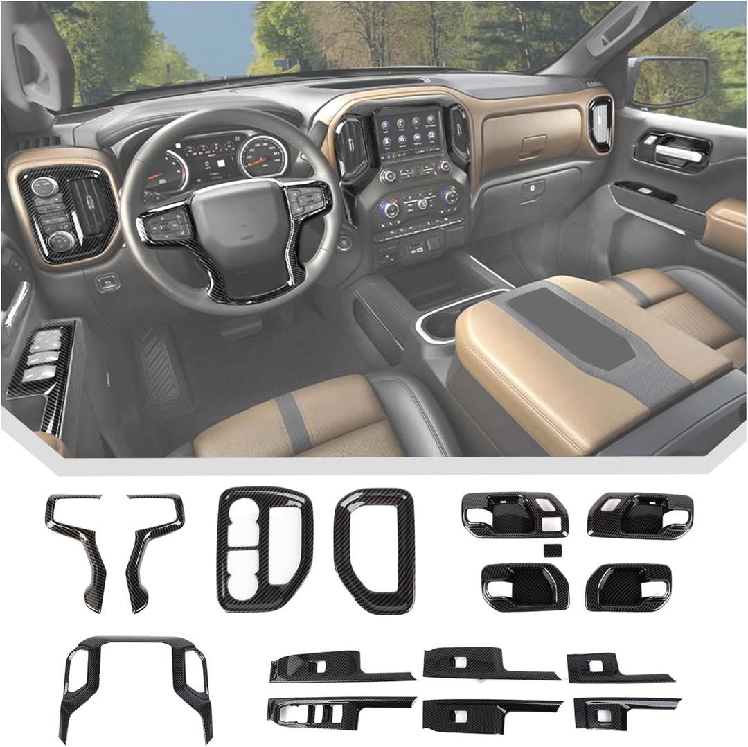 JeCar 16pcs Carbon Fiber Interior Trim Kit for 2019-2021 Chevrolet Silverado Interior Accessories
