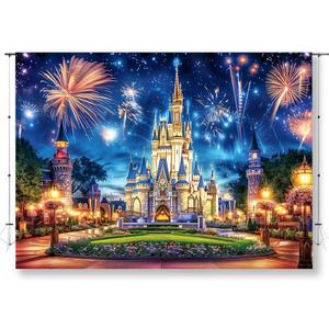 7x5FT Castle Night Backdrop for Photography Princess Golden Castle Fireworks Background Baby Shower Children Portrait Cake Table Photo Booth Props KUBDJ1137
