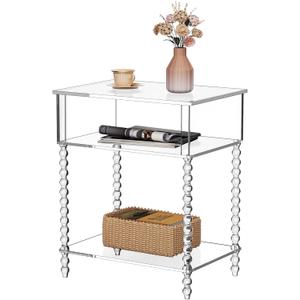 Acrylic Side Table, Clear 3-Tier End Table with Storage, Nightstand for Living Room, Bedroom, Office (Clear, Large)