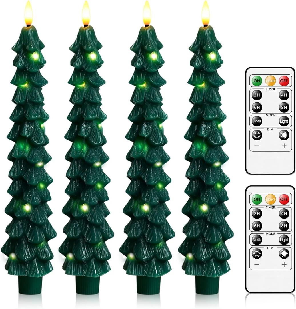 Christmas Tree Flameless Candles with Remote,4 Pcs Green Real Wax LED Flickering Candles Battery Operate with Embedded Star String for Home Decoration Christmas Gifts(D0.86 xH9.6)
