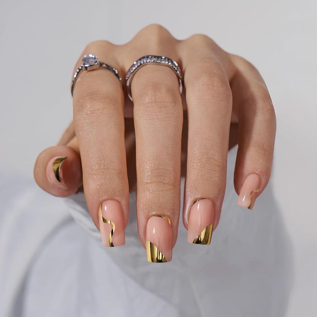 BTArtbox Press On Nails Short Square - Gold Designed Press On Nails, Winter Glue On Nails for Women Gifts, Natural Fake Nail with Glue, Glue On Nails in 16 Sizes - 30 Nail Kit, Gold Leaf