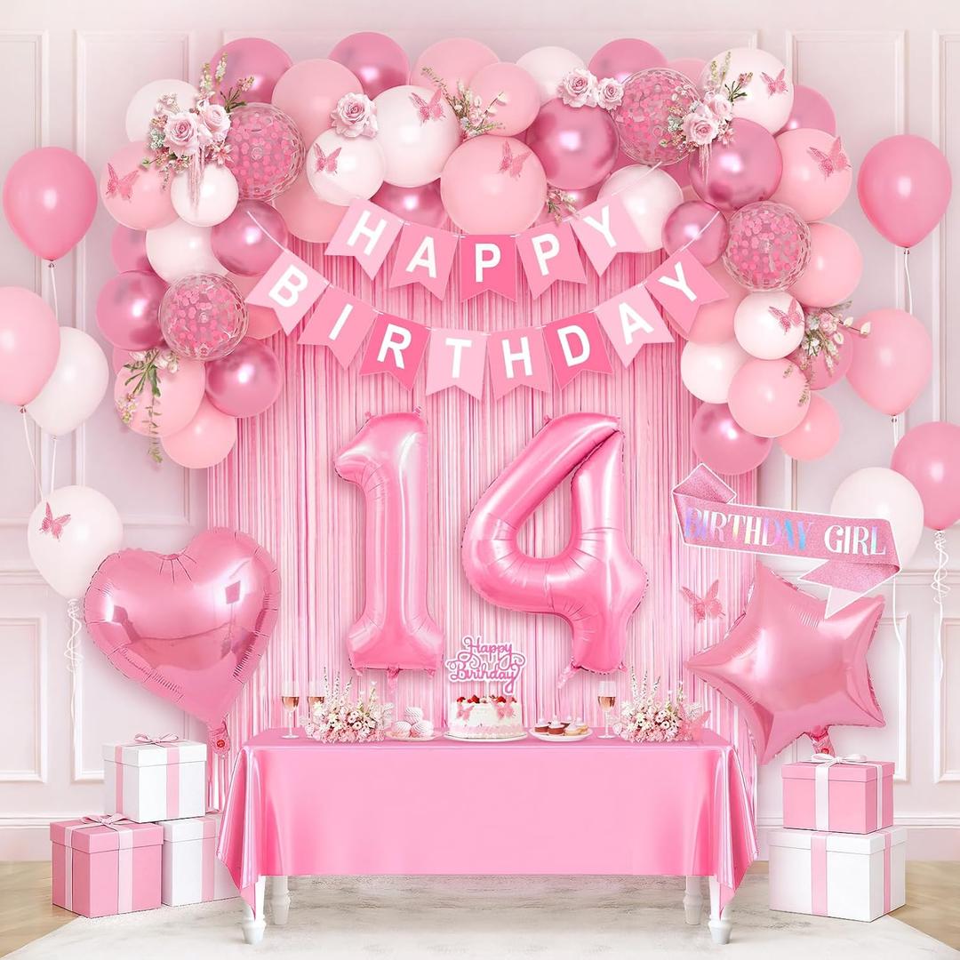 Pink 14th Happy Birthday Decorations for Girls, Pink and White 14th Birthday Party Packs with Foil Number 14 Balloons, Happy Birthday Banner, Fringe Curtains, Birthday Sash Party Supplies