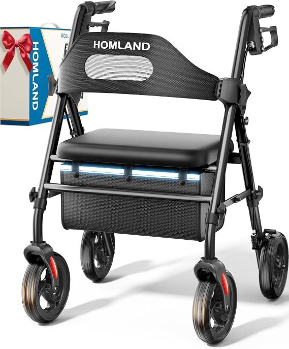 HOMLAND Foldable Rollator Walker with Seat for Seniors, 16" Enlarged Seat
8" Big Wheels, 16"×12"x1.6" Thick Padded Seat, Adjustable Seat & Handle Height, Tool-Free Assembly, All Terrain Mobility Aid