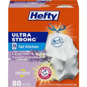 Hefty Ultra Strong 13 Gallon Trash Bags, Tall Kitchen Trash Bags 13 Gallon Size, Drawstring Closure, Continuous Odor Control, White, Lavender and Sweet Vanilla Scent, 80 Bags