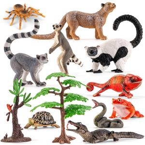 12PCS Realistic Madagascar Animal Figurines Toys, Plastic Animals Jungle Animals Figures Playset, Lemur, Chameleon, Tortoise, Frog, Crocodile, Snake with Tree Valentine's Day Gifts for Kids