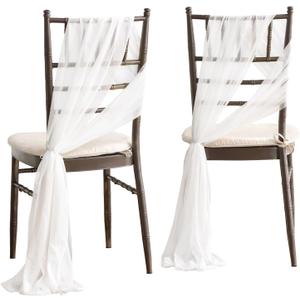 Ling's Moment Wedding Chiffon Chair Sashes Cover Aisle Decorations Draping Fabric Wrinkle-Free with Tie 16 Pcs White for Party Ceremony Reception Floral Arrangement Banquet Outdoor Decor, 96 inches x 8 inches