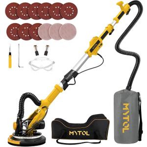 MYTOL Drywall Sander, 7.2A Electric Drywall Sander with Vacuum Dust Collection, 6 Variable Speed 900-1800RPM, LED Light, Foldable & Extendable Handle, 9 Pcs Sandpaper&3 Pcs Grid Sandpaper, Full Green