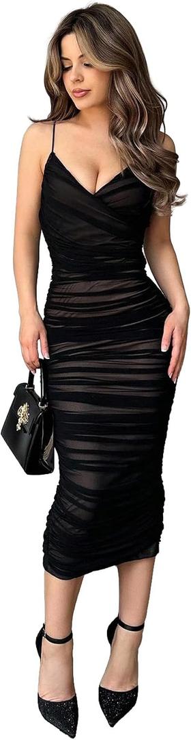 SISKIN Mesh Hollow Out Ruched Slip Dress Midi Bodycon Dress for Women Formal Party Night Out, Black (M)
