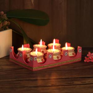 6 Pc Set Pink and White Decorated Clay MATKI Wax Filled Diya | Diwali Pooja Handmade Dia | Terracotta - Natural EARTHEN Diya - Handpainted with MDF Gift Package