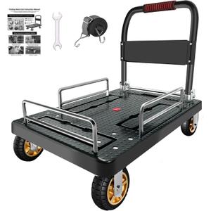 Platform Trucks Flatbed Cart Heavy Duty with Brake Wheels & Foldable Fence, Flat Dolly 1300lbs Capacity with Bungee Cord, 36"x24" Folding Hand Cart for Moving Furniture/Office/Warehouse/Garage