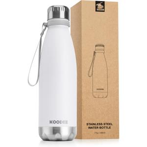 koodee Water Bottle-17 oz Stainless Steel Double Wall Vacuum Insulated Water Bottle for Back to School, Cola Shape Leak Proof Sports Bottle for School(White)