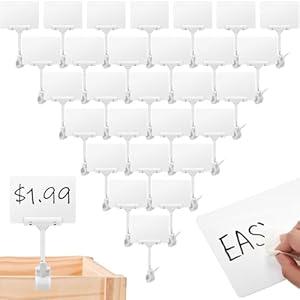 30 Set Mini Plastic Chalkboard Sign with Clip Double Head Rotating Display Price Tag Bulk Erasable Merchandise Sign Clip Holder for Business Retail Food Clothing Vendor Shelf Basket Display (White)