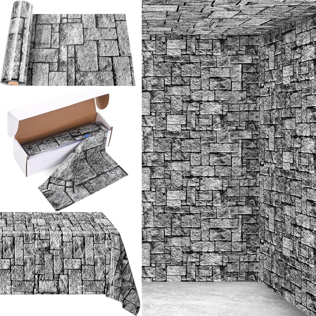 200 Ft x 54 Inch Stone Wall Tablecloth Roll with Cutter Box Disposable Plastic Table Cover Medieval Brick Dirt Floor Wall Backdrops for Farm Wedding Birthday Party (Deep Gray)