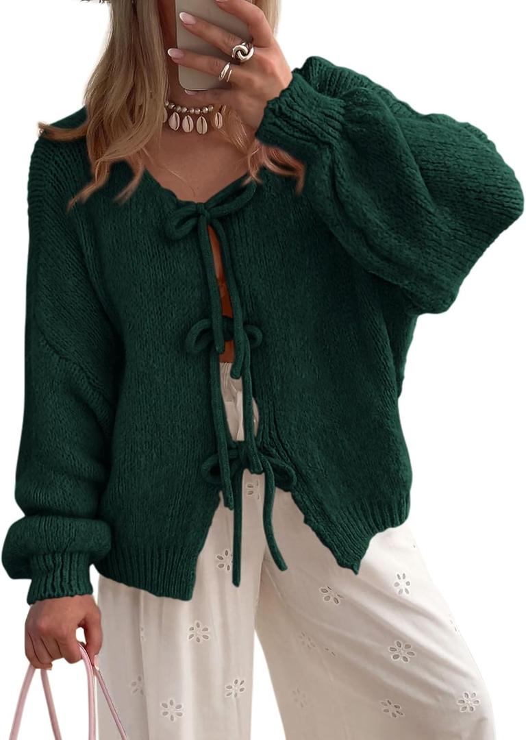 PRETTYGARDEN Women's Tie Front Bow Cardigan Sweaters Chunky Knit Long Puff Sleeve Trendy Fall Winter Jacket Coats, Small