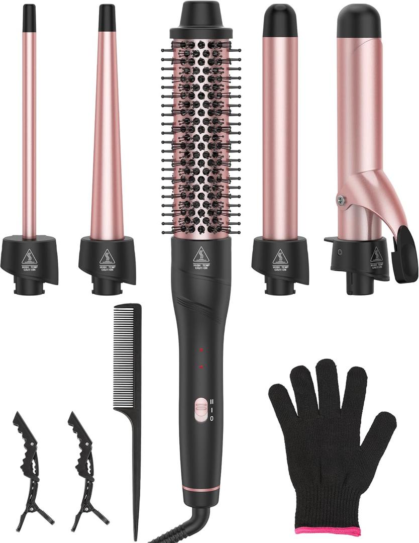 ANIEKIN 5 in 1 Curling Iron Set, Fast Heat Up Curling Wand from 3/8 to 1 1/4 Inch and a Thermal Brush Come with, Dual Voltage Hair Curler for Women All Hair Types and Travel Use, Gifts for Women (Rose Gold)