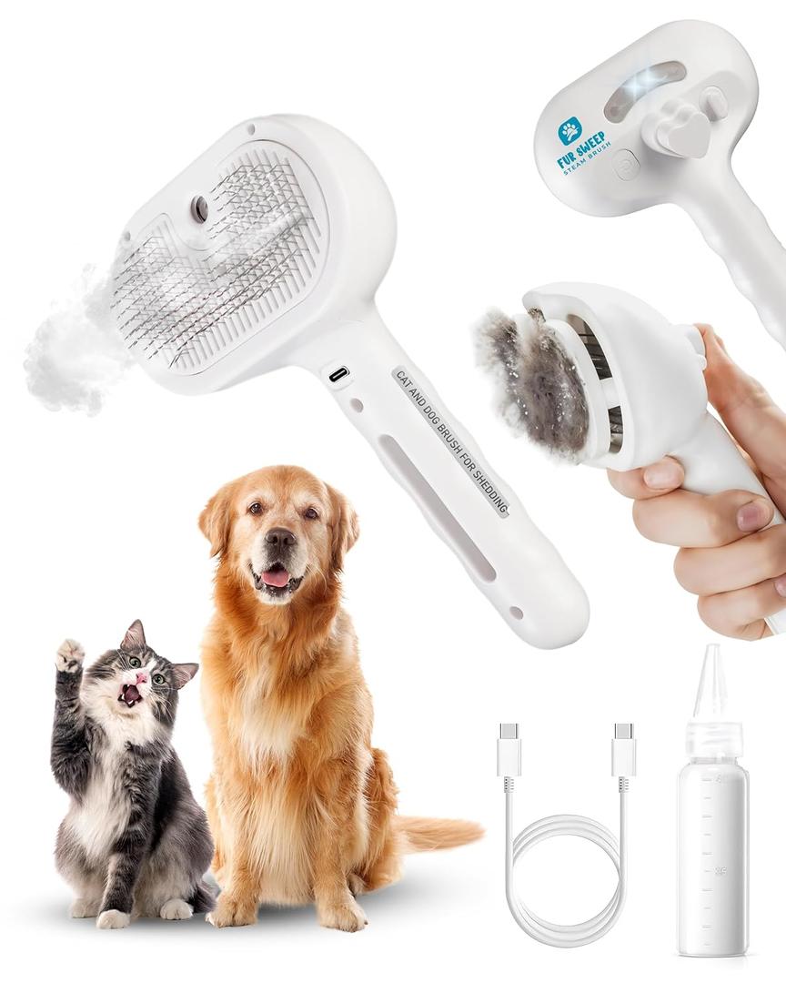 Fur Sweep Steam Brush For Dogs Comb for Grooming Cat Brush For Shedding, Self Cleaning Deshedding Tool, Anti Static Mist, Rechargeable, Slicker Comb for Long and Short Haired Pets, Gentle Fur Remover