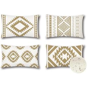 OTOSTAR Outdoor Waterproof Throw Pillow Covers 12x20 Inch Set of 4 Boho Farmhouse Outdoor Cushion Covers for Patio Funiture Garden（Geometry80-Khaki）