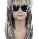 Karlery Men Mullet Wig Long Wave Grey and White 70s 80s Metal Rocker Party Wig Halloween Costume Wig