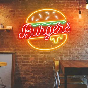 Burger Neon Sign Custom LED Dimmable Hamburger Neon Light Up Sign Home Wall Decor Fast Food Coffee Shop Restaurant Bar Decoration Size:20X15inch